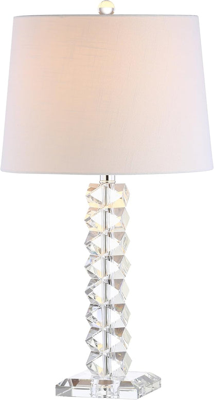 JONATHAN Y 25.5" Clear Faceted Crystal Table Lamp, Modern Glam Chrome Bedside Lamp with White Linen Drum Shade for Living Room Bedroom, UL Listed, LED Bulb Included JYL2013A