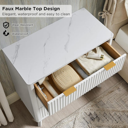 T4TREAM 32" Tall Fluted Nightstand Set of 2, Modern Side Table with Faux Marble Top, 3 Drawers End Table w/Storage, Bedside Table for Bedroom, Living Room, Curved Profile Design, Solid White