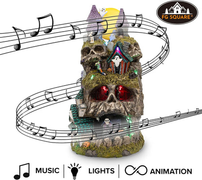 Skullstone Hollow Skull Theme Spooky Halloween Village Multi-Color LED Lights, Animated Motion and Music 7.75" x 7.5" x 13.5"