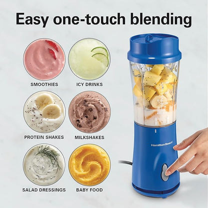 Hamilton Beach Portable Blender for Shakes and Smoothies, 14 Oz BPA Free Travel Cup & Lid, Durable Stainless Steel Blades, Personal Smoothie Blender, Blue, 51132G