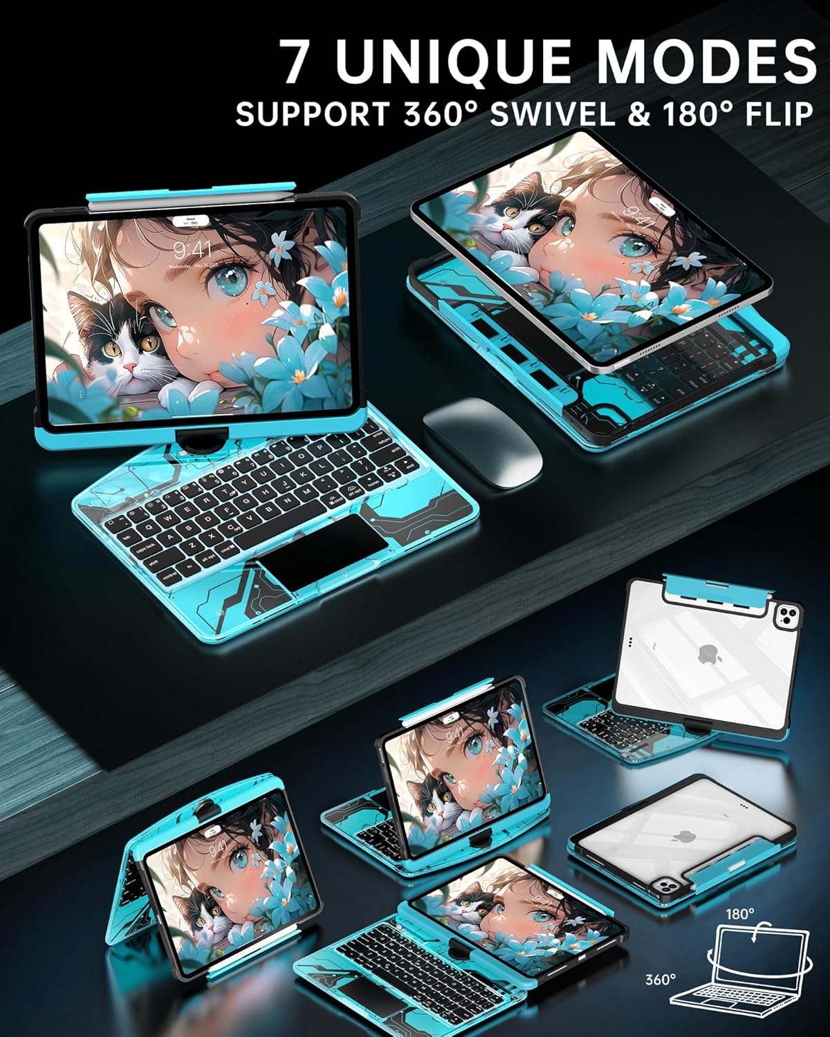 Intermerge for iPad 9th 10.2 inch Keyboard Case, 360° Transparent Multi-Touch Trackpad, 7-Color Backlit Keyboard, Pencil Holder, Type-C, Power Indicator for 9th/ 8th/ 7th - Nebula Core X