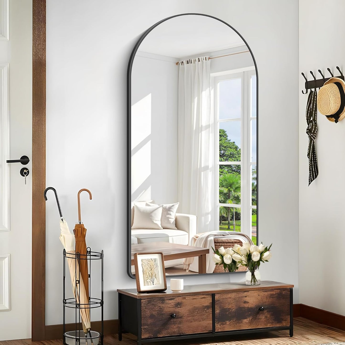 Arched Bathroom Mirror, 60"x30" Black Arched Mirror for Bathroom, Wall Mounted Mirror, Black Vanity Wall Mirror w/Metal Frame for Bedroom, Entryway, Living Room, Vertically Hanging