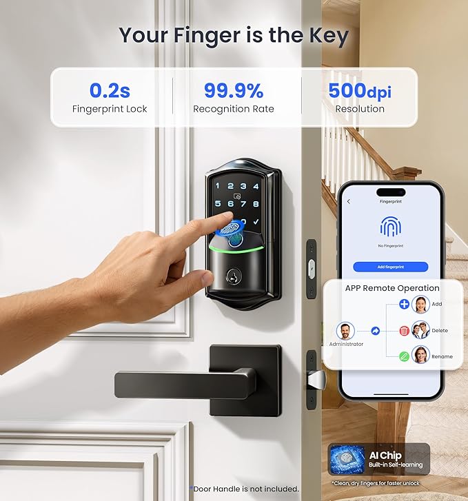 Veise VE027 Built-in Wi-Fi Smart Lock, Fingerprint Keyless Entry Front Door Lock, App Remote & Voice Control, No Hub Needed, Touchscreen Keypad Deadbolt, IP65 Waterproof, BHMA Grade 3, Matte Black