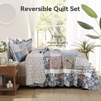 Yvooxny 3-Piece Quilt Set King Size Quilted Bedspread Reversible Country Style Blue Floral Paisley Real Patchwork Bedding Quilt Set with Ruffles with Pillowcases for All Seasons, 108 * 96 Inches