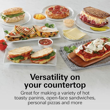 Hamilton Beach Panini Press Sandwich Maker & Electric Indoor Grill with Locking Lid, Opens Wide to Fit Any Thickness for Quesadillas, Burgers & More, Nonstick 8" x 10" Grids, Chrome (25460MNA)