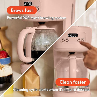 bella 12 Cup Programmable Coffee Marker, Reusable Dishwasher Safe Accessories, Easy LCD diaply, Auto Shutoff, 900 watt, Blossom