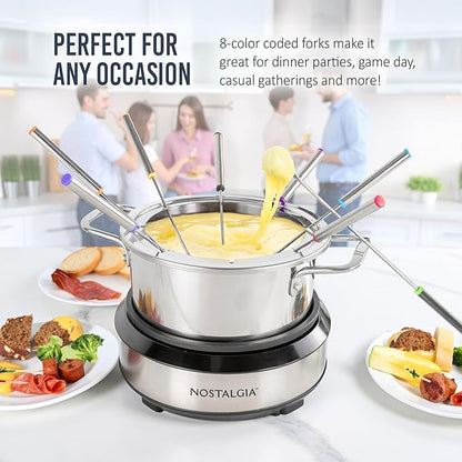 Nostalgia 8-Cup Electric Fondue Pot Set for Cheese & Chocolate - 8 Color-Coded Forks, Temperature Control - Kitchen Gadgets and Appliances for Hors d'Oeuvres and More - Stainless Steel