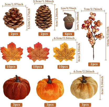 Artmag 51 PCS Artificial Fabric Pumpkins, Fall Harvest Decorations with Acorns, Pinecones, Berries, Maple Leaves for Fall Thansgiving Halloween Decoration