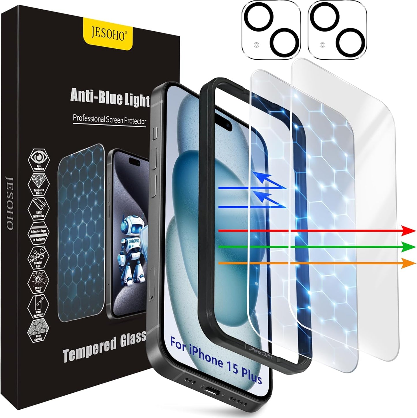Screen Protector for iPhone 15 Plus [6.7 Inch],2 pcs Colorless Anti-Blue Light Tempered Glass Films, HD Clear, 9H Hardness, No Bubbles, Case Friendly with 2 pcs Camera Lens Protector