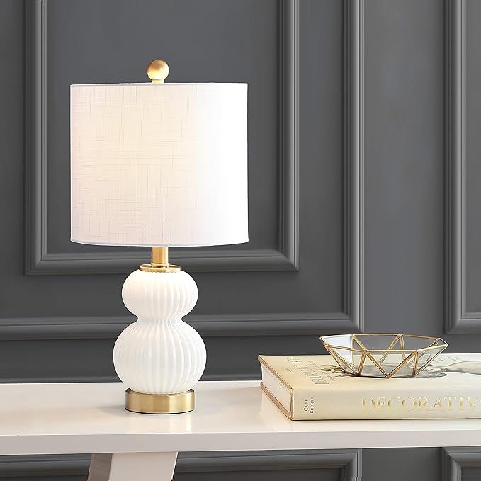 JONATHAN Y 20" White/Brass Gold Ribbed Gourd Glass Table Lamp, Modern Bedside Lamp for Bedroom Living Room, White Linen Drum Shade, LED Bulb Included JYL1099A