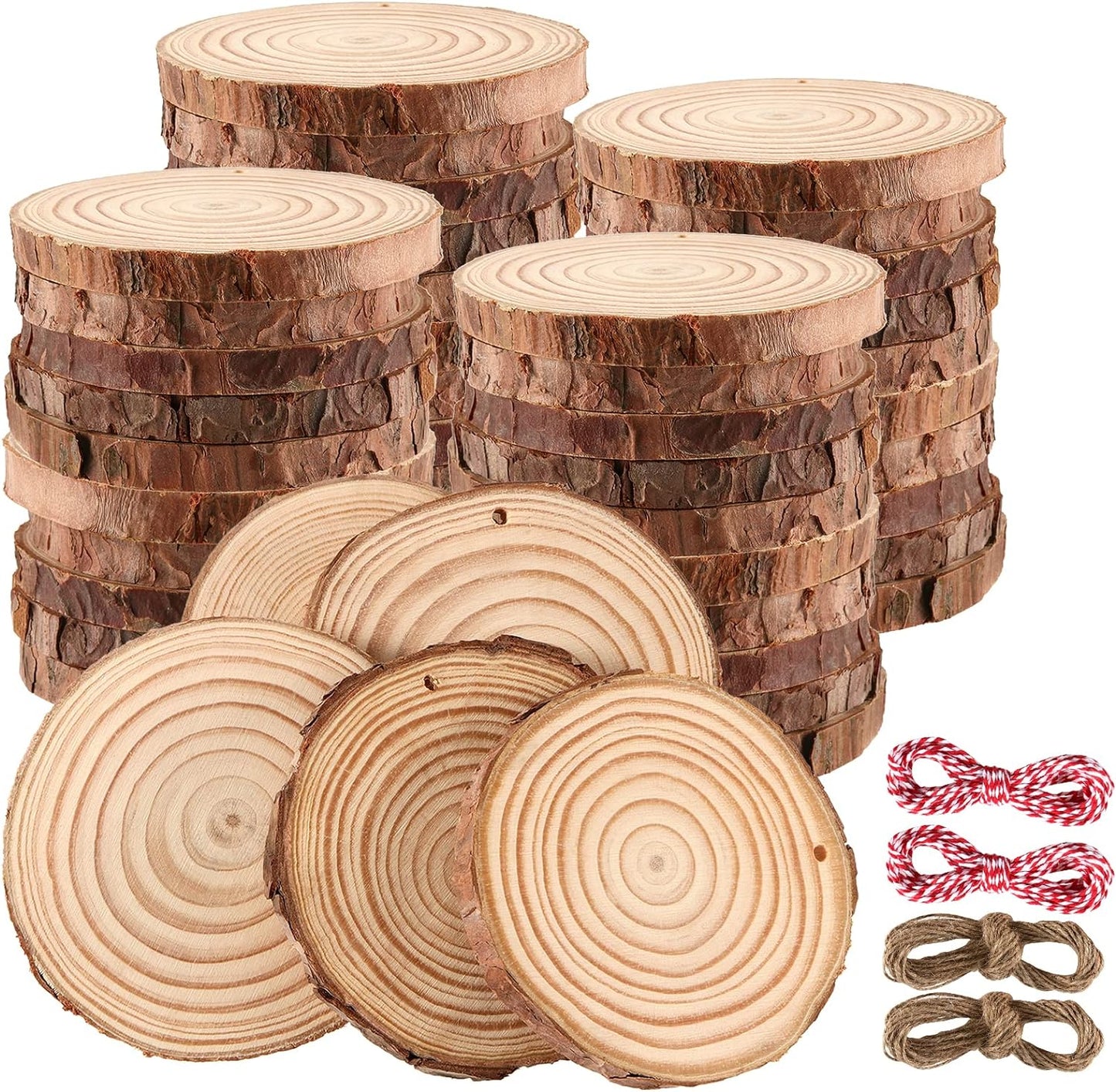 JOIKIT 50PCS 3.5-4 Inches Natural Wood Slices with Pre-drilled Hole, 2/5" Thick Round Ornaments Unfinished Wood Circles Bulk with Bark for Craft Arts, Christmas, DIY Painting, Wedding Decorations