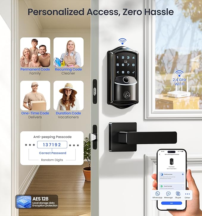 Veise VE027-L Built-in WiFi Smart Lock with Handles, Fingerprint keyless Entry Door Lock Set, App Remote & Voice Control, Electronic Deadbolt for Front Door, Touchscreen Keypad, Auto Lock, Matte Black