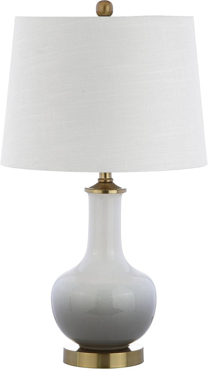 JONATHAN Y 25" White/Gray Gradient Ceramic Table Lamp, Brass Base LED Lamp for Bedside Nightstand Living Room, White Linen Drum Shade, Midcentury Decor (JYL3019B)
