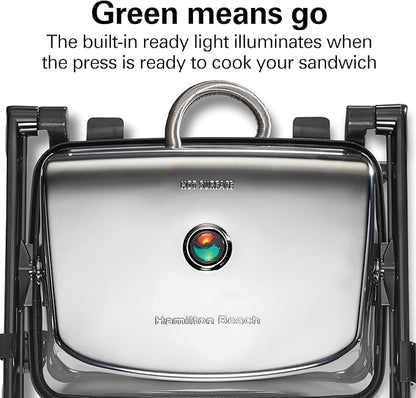 Hamilton Beach Panini Press Sandwich Maker & Electric Indoor Grill with Locking Lid, Opens Wide to Fit Any Thickness for Quesadillas, Burgers & More, Nonstick 8" x 10" Grids, Chrome (25460MNA)