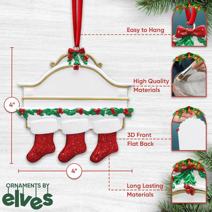 3D White Mantle Family of 3 Christmas Ornament 2025 Personalized Family Christmas Ornaments 2025 | Garland Fireplace Personalized Tree Ornaments Customizable Gifts Red Stockings of Three Ornament