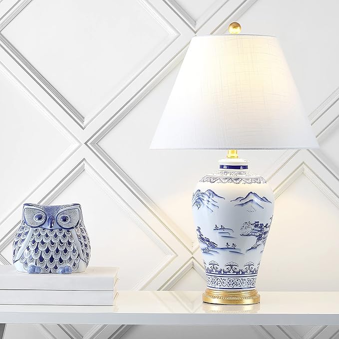 JONATHAN Y 26.5" Blue and White Ceramic Ginger Jar Table Lamp, Traditional Chinoiseries Landscape for Bedroom Living Room, White Linen Empire Shade, LED Bulb Included JYL6610A