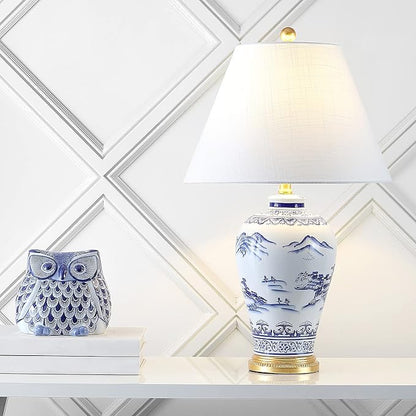 JONATHAN Y 26.5" Blue and White Ceramic Ginger Jar Table Lamp, Traditional Chinoiseries Landscape for Bedroom Living Room, White Linen Empire Shade, LED Bulb Included JYL6610A