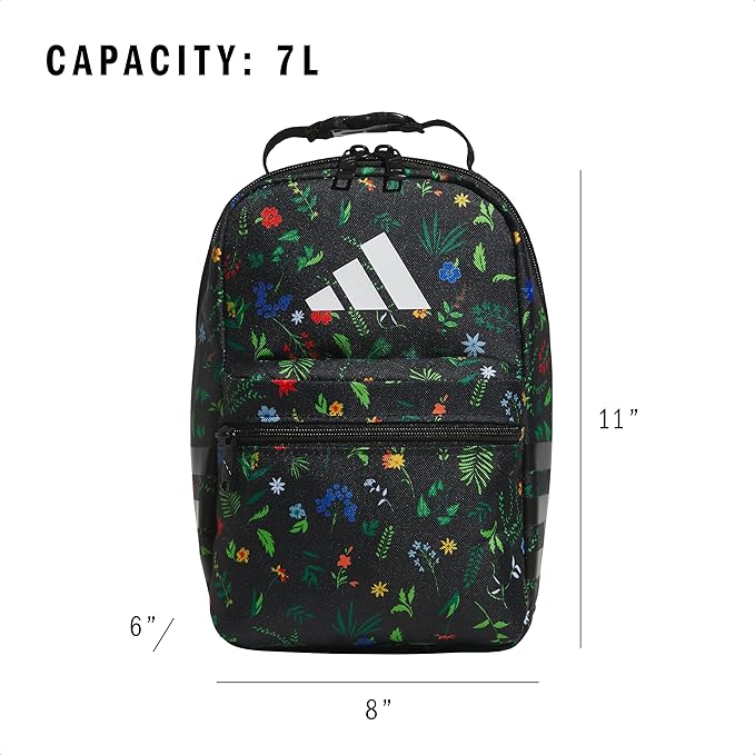 adidas Santiago Lunch Bag Cooler for Women and Men, Insulated Food Container Box with Mesh Pocket, Meadow Floral Black/Black/White/3.0, One Size
