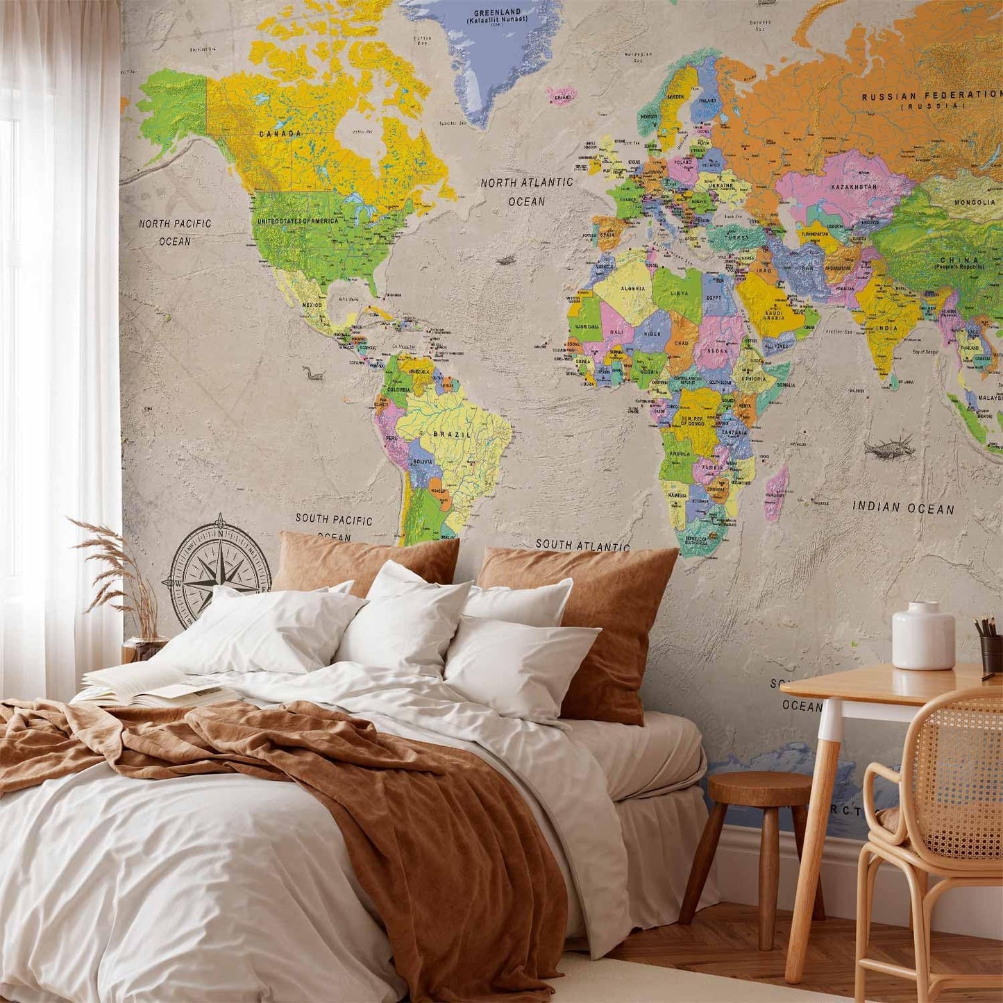 artgeist Premium Wall Mural World Map 177x124 in - XXL Non-Woven Wallpaper Fleece Wall Decor Photo Print Picture Image Design Home Map of The World k-A-0129-a-a