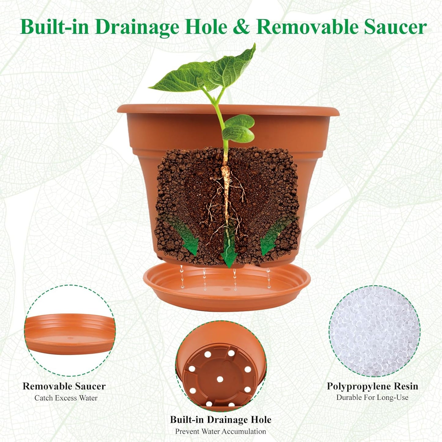 11 Inch Plastic-Flower-Pot-for-Indoor-Plants, 4 Pack Large Outdoor Planter Pot with Drainage Holes & Saucers, Resin Decorative Garden Pots Planters
