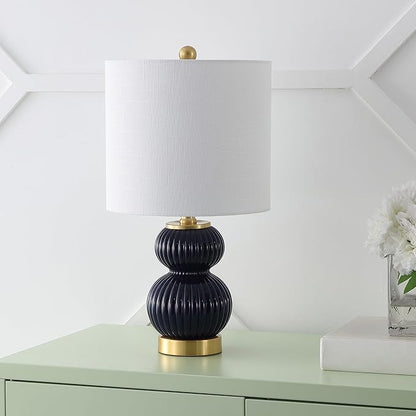 JONATHAN Y 20" Navy/Brass Gold Ribbed Gourd Glass Table Lamp, Modern Bedside Lamp for Bedroom Living Room, White Linen Drum Shade, LED Bulb Included (JYL1099D)