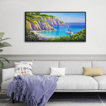 QZQCBLC Coastal Batnroom Wall Art - Blue Sea Sailing Boat Canvas Pictures Purple Flower Mountains Ocean Landscape Paintings Artwork for Living room Bedroom Office Framed Navigation Decor 20"X40"
