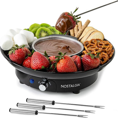 Nostalgia Electric Fondue Party Set for Chocolate and Cheese Fondue – 10 Oz Pot, 4 Roasting Forks, and 3-Section Tray – Temperature Control – Gifts, Parties, Date Night, and Dessert – Black