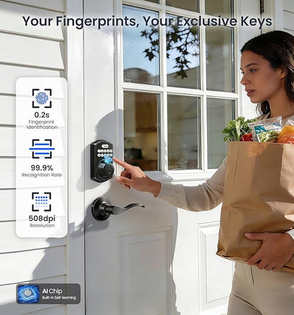 Veise VE012W-B Wi-Fi Fingerprint Smart Lock with Handle Set, Remote App Control, Keyless Entry Front Door Lever, Built-in WiFi No Hub Needed, Backlit Keypad Deadbolt, Auto-Locking, Matte Black