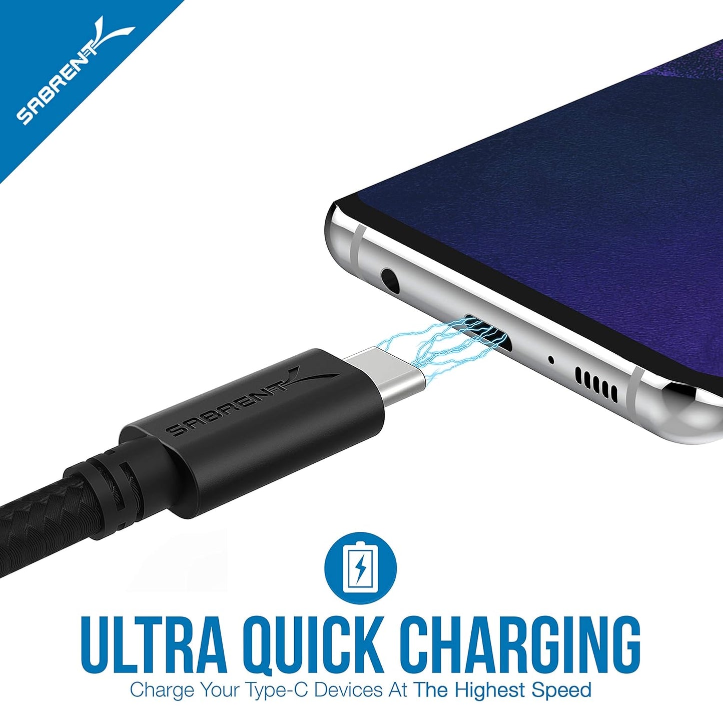 SABRENT [6-Pack 22AWG Premium 6ft USB-C to USB A 2.0 Sync and Charge Cables [Black] (CB-C6X6)