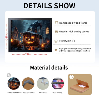 Wood Framed Dark Halloween Pumpkin Wall Art, Gothic Witch Hat Jack-o'-Lantern Canvas Print, Dark Academia Spooky Haunted House Poster Wall Art for Living Room Bedroom Room Aesthetics 16x24 inch