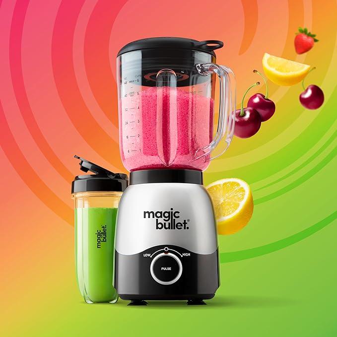 Magic Bullet® Combo Blender, 600W, 48oz Pitcher, 16oz Cup with To-Go Lid, Easy Cleaning, Cross Blade, for Smoothies, Sauces, Shakes, Salsa, Hot Blends, Silver, MBF50200