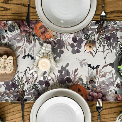 Artoid Mode Jack-O'-Lantern Pumpkin Floral Ghost Halloween Table Runner, Eucalyptus Kitchen Dining Table Decoration for Home Party Decor 13x108 Inch