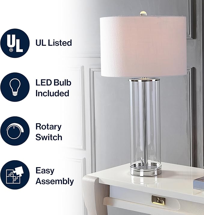 JONATHAN Y 29" Clear/Chrome Modern Glass Table Lamp for Living Room Bedroom, Minimalist Nightstand Bedside Lamp, White Linen Drum Shade, LED Bulb Included JYL2004A