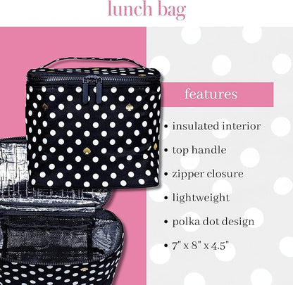 kate spade new york Insulated Soft Cooler Lunch Tote with Double Zipper Close and Carrying Handle, Polka Dots (Black/White)