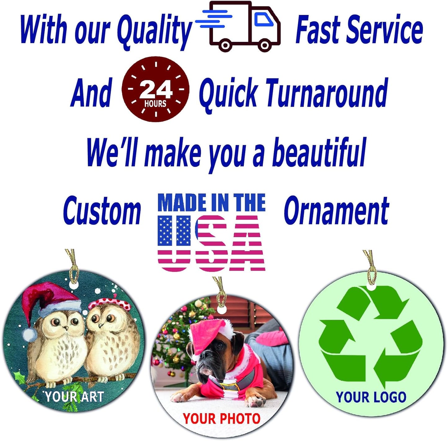 Personalized Christmas Ornament, Add Photo Text or Art Design and Make Your own Customized 3” Porcelain Ceramic Ornament, Gold String and Gift Bag Included (Round)