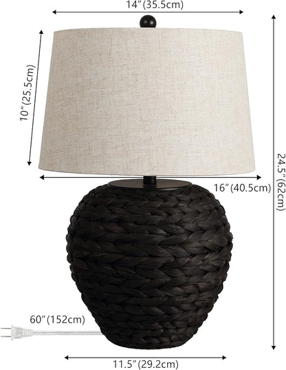 JONATHAN Y 24.5" Black Water Hyacinth Farmhouse Basket Table Lamp, Coastal Decor for Living Room Bedroom Nightstand, Light Gray Linen Shade, LED Bulb Included (JYL6501D)