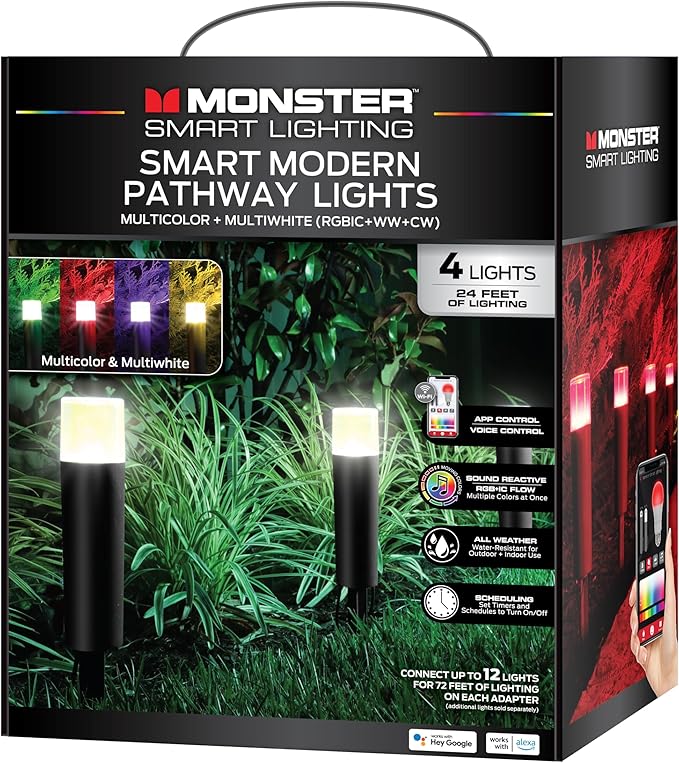 Monster Smart RGB+IC+WW Pathway LED Lights, 4 Individually Controlled Dimmable LEDs, Sound Reactive, IP44 Water & Weather Resistant, Compatible with Alexa, Siri, Google Home, Monster App, Razer Chroma