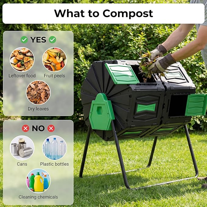 Dual Chamber Compost Tumbler, 45 Gallon Large Capacity 360° Rotating Composting Bin, BPA-Free Heavy Duty Composter with Easy Assembly, 38" Height Compost Bin Outdoor for Food Scraps Garden Yard Waste