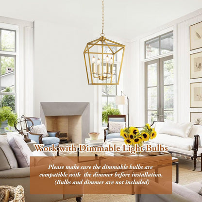 Farmhouse Chandelier 4-Light, Gold Pendant Light Fixture for Kitchen Island Dining Room, Lantern Industrial Lighting Ceiling Hanging with Metal Cage Adjustable Height for Entryway Foyer
