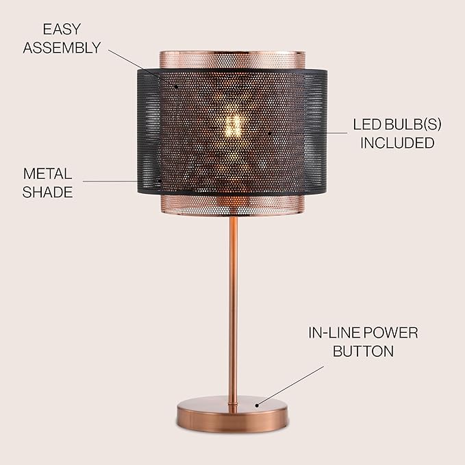JONATHAN Y 19.75" Copper and Black Metal Table Lamp, Modern Industrial Double Mesh Drum Shade Desk Lamp for Bedroom Living Room Office, UL Listed, LED Bulb Included JYL6106A