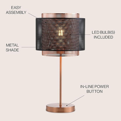 JONATHAN Y 19.75" Copper and Black Metal Table Lamp, Modern Industrial Double Mesh Drum Shade Desk Lamp for Bedroom Living Room Office, UL Listed, LED Bulb Included JYL6106A