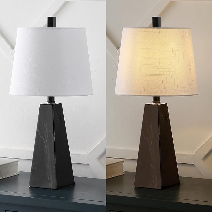 JONATHAN Y 20.5" Black Marble Finish Modern Resin Table Lamp for Bedroom Living Room, Contemporary Faceted Bedside Lamp with White Linen Shade, LED Bulb Included (JYL1037D-SET2)