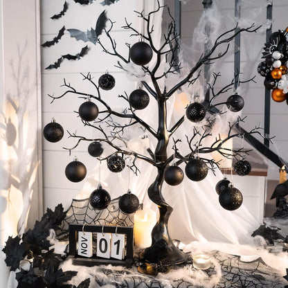 Valery Madelyn Christmas Tree Decorations Ornament Set for Fall Halloween, 50ct 2 Inches Black Shatterproof Christmas Ball Ornaments Hanging Xmas Holiday Party Decor