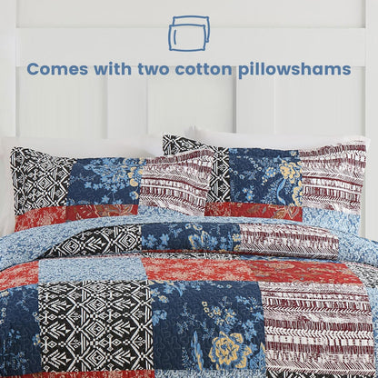 Secgo King Comforter Set for Bed - 100% Cotton Quilts Queen Size, Black Bedspreads (98 * 106 Inch) with 2 Pillow Shams, Patchwork Reversible Lightweight Bedding