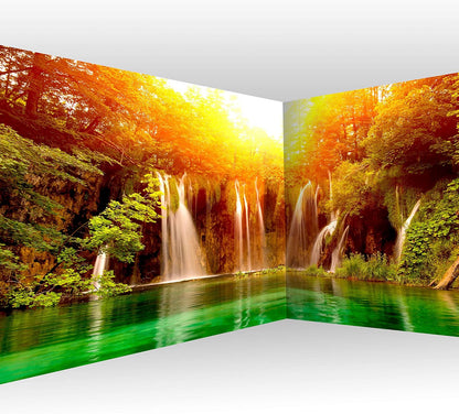 artgeist Wall Mural Waterfall 216x98 in - XXL Non-Woven Corner Wallpaper Fleece Angle Wall Decor Photo Print Picture Image Design Modern Nature Lake Sun Forest Landscape c-B-0475-a-a