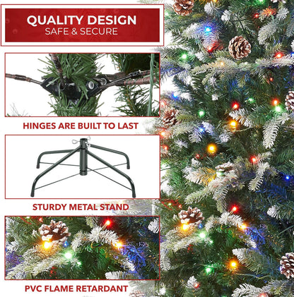 Casafield 6.5FT Pre-Lit Frosted Slim Aspen Fir Artificial Holiday Christmas Tree with White & Multicolored LED Lights, Partially Flocked Realistic Noble Fir with Metal Stand