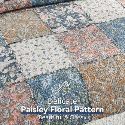 Yvooxny 3-Piece Quilt Set King Size Quilted Bedspread Reversible Country Style Blue Floral Paisley Real Patchwork Bedding Quilt Set with Ruffles with Pillowcases for All Seasons, 108 * 96 Inches