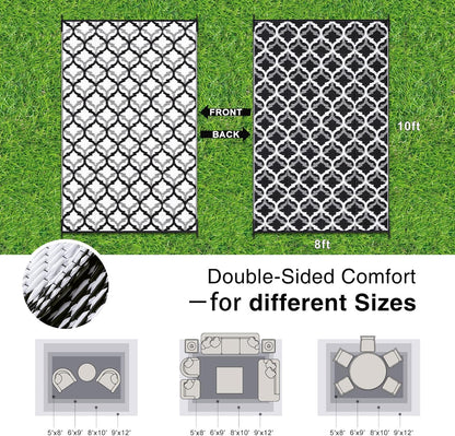 OLANLY Reversible Outdoor Rug 8x10 ft Clearance, Waterproof Outdoor Plastic Straw Rug with Interlacing Pattern, RV Mat for Patio, Camping, Balcony, Deck, Backyard, Black & White