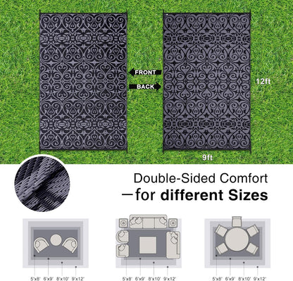 OLANLY Outdoor Rug Waterproof 9x12 ft Clearance, Reversible Outdoor Plastic Straw Rug with Floral Pattern, RV Mat for Patio, Camping, Balcony, Deck, Backyard, Black & Grey