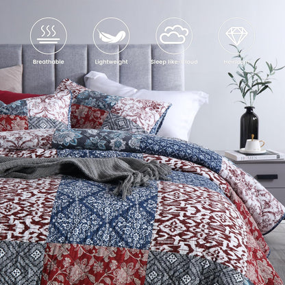 Secgo King Size Comforter Set- 100% Cotton Quilt King Size Set, Burgundy bedspreads (96 * 108 Inch) with 2 Pillow Shams, Patchwork Reversible Lightweight Bedding